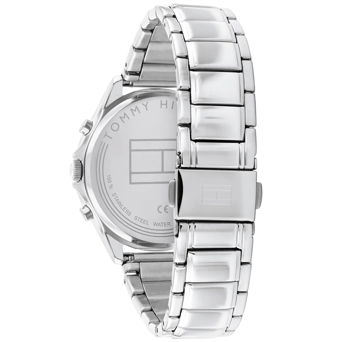 Tommy Hilfiger watch caseback showing stainless steel construction and movement details
