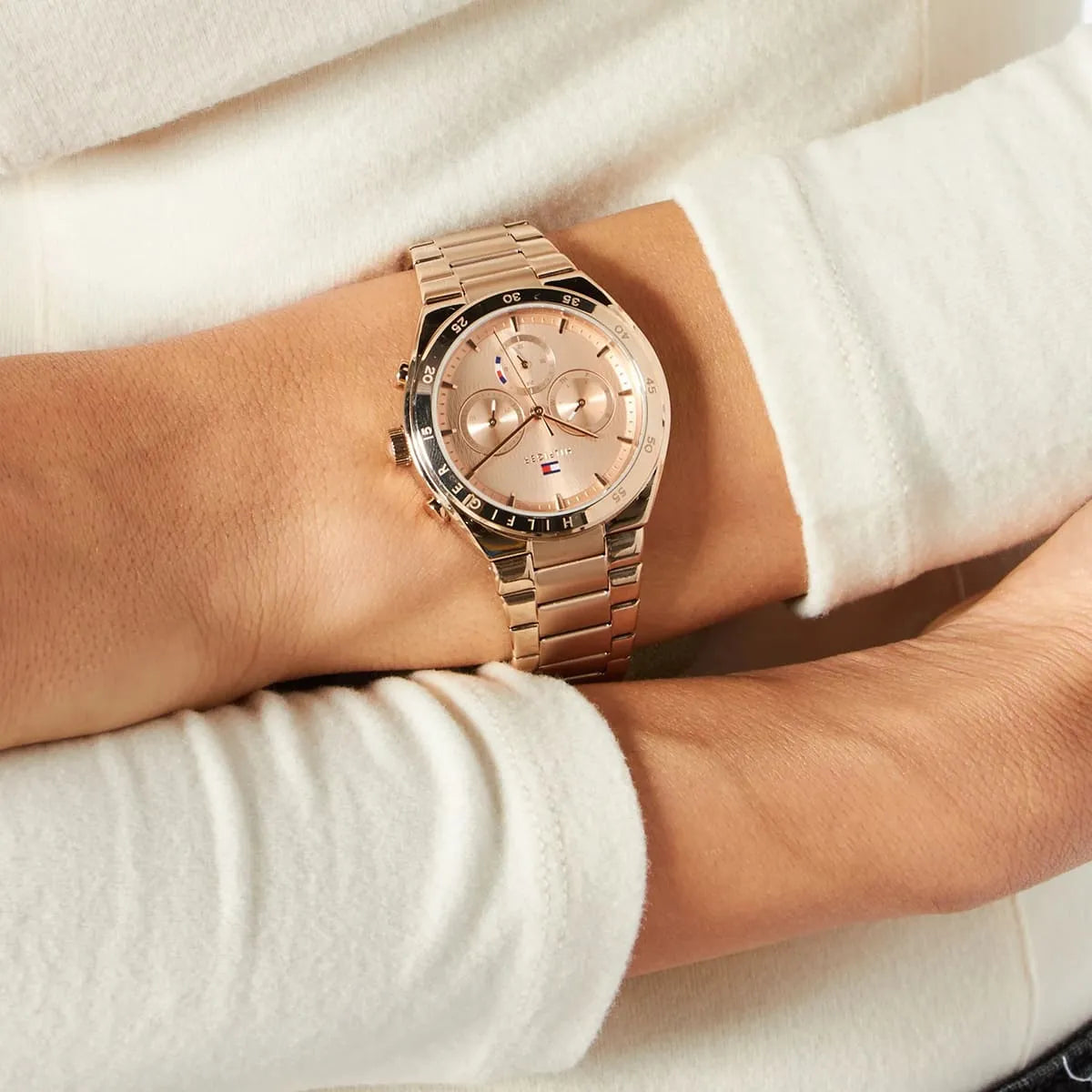 Tommy Hilfiger 1782577 men's chronograph watch worn on wrist with rose gold dial