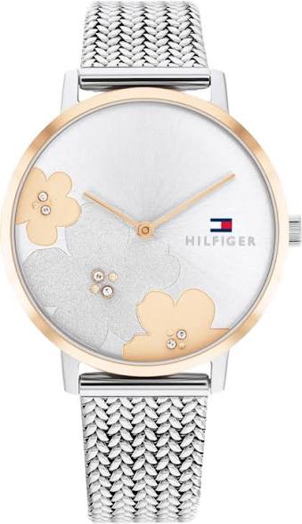 Tommy Hilfiger slim women's watch with silver dial, rose gold flowers, and steel mesh bracelet