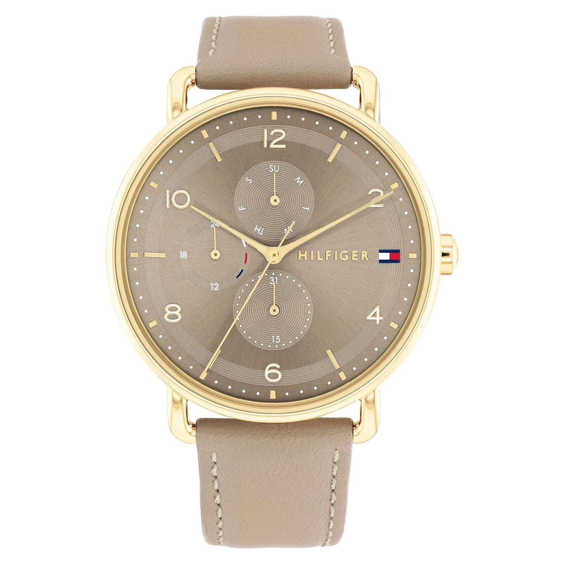 Tommy Hilfiger women's watch with beige multi-function dial, gold case, and beige leather strap