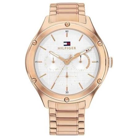 Tommy Hilfiger rose gold women's watch with silver-white dial and multi-function subdials