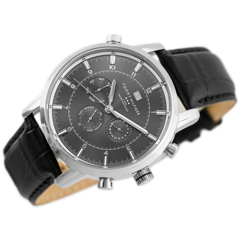 Tommy Hilfiger men's watch with grey dial and black leather strap at angle