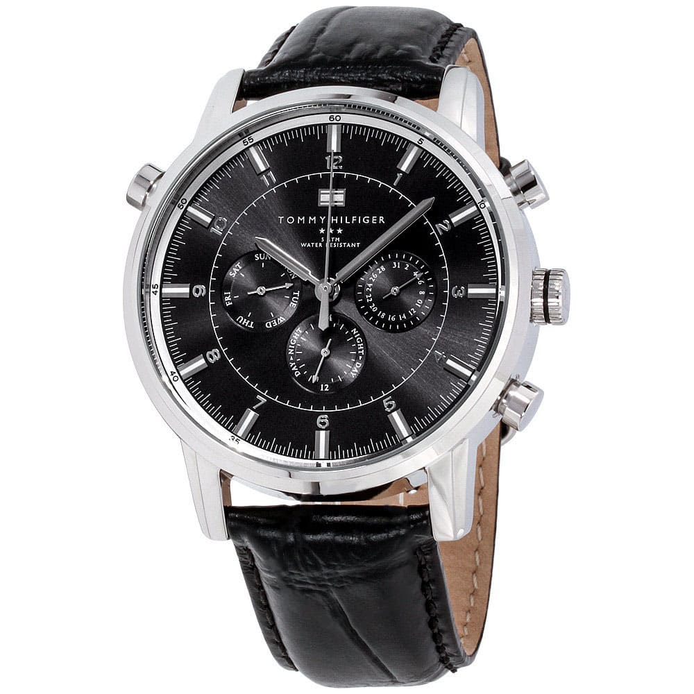 Tommy Hilfiger chronograph watch front view with grey dial and black leather strap
