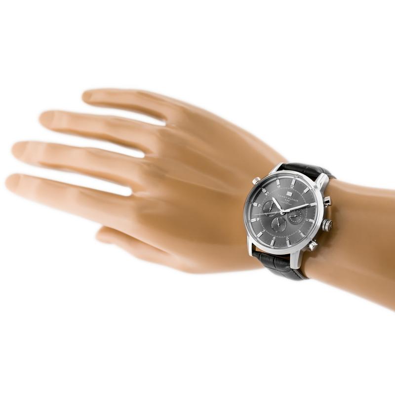 Tommy Hilfiger chronograph watch with grey dial worn on wrist