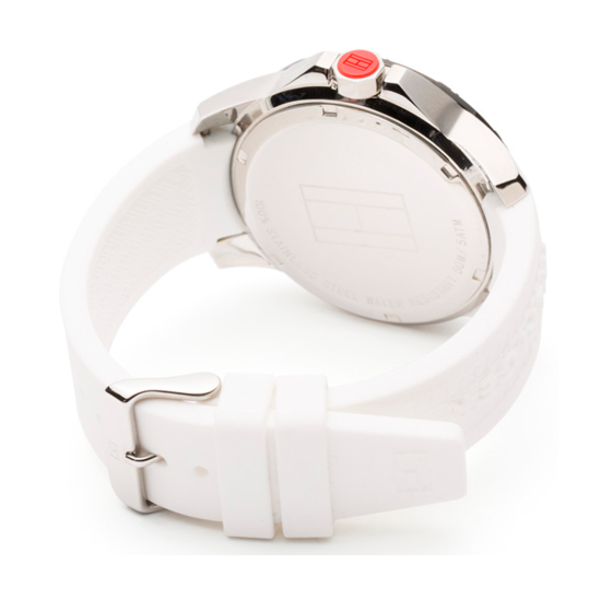 Caseback view of Tommy Hilfiger 1790986 with white silicone strap