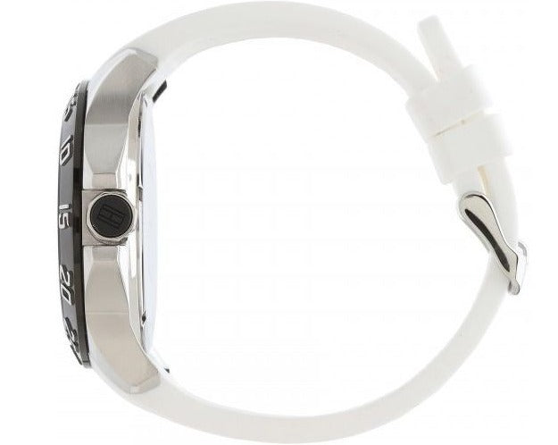 Side profile of Tommy Hilfiger 1790986 showing case depth and white strap