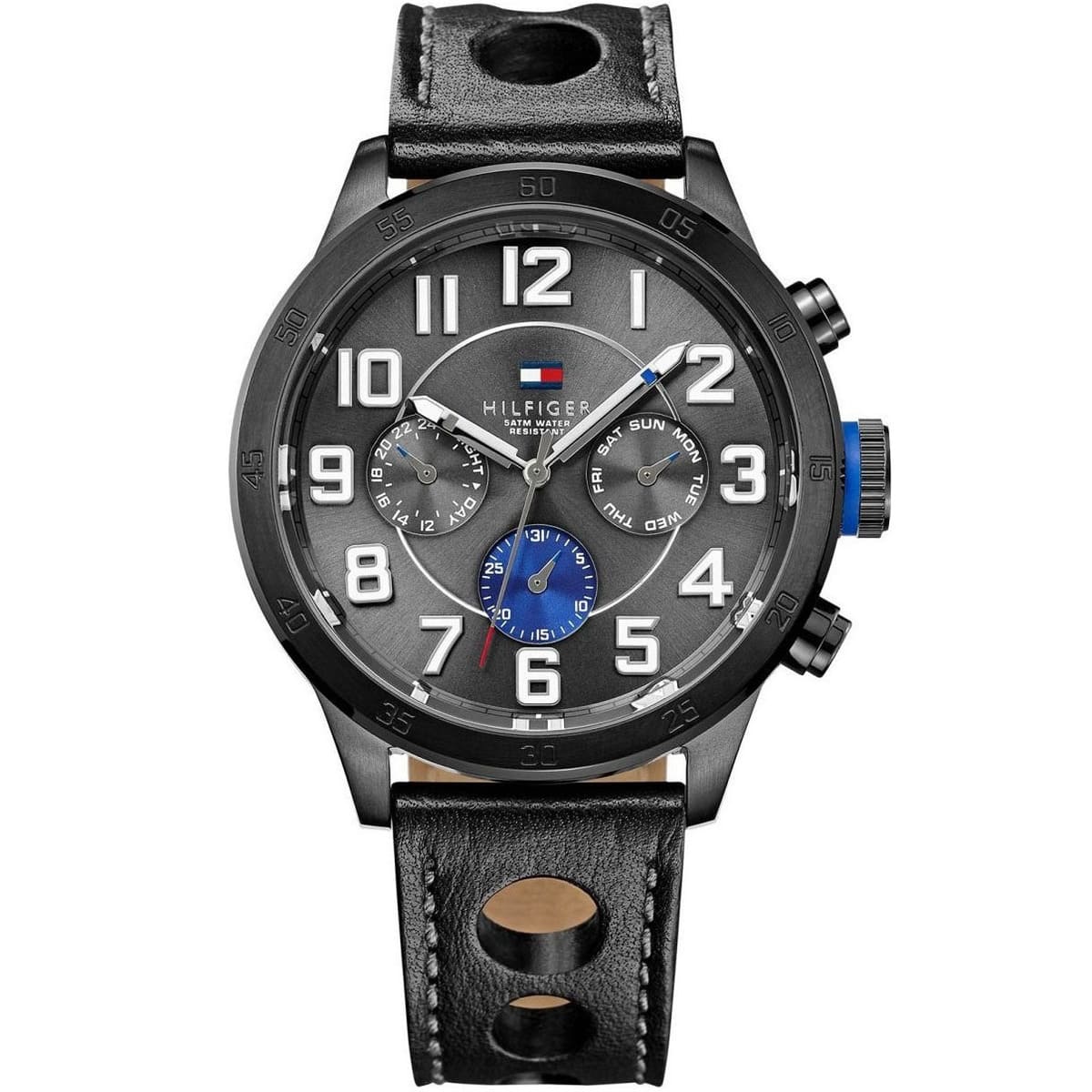 Tommy Hilfiger multi-function chronograph watch with grey dial, blue subdial, black leather strap