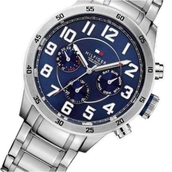 Tommy Hilfiger blue dial chronograph with stainless steel bracelet angled view