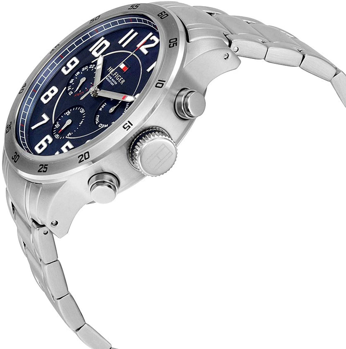 Tommy Hilfiger multi-function watch side profile showing case and crown detail