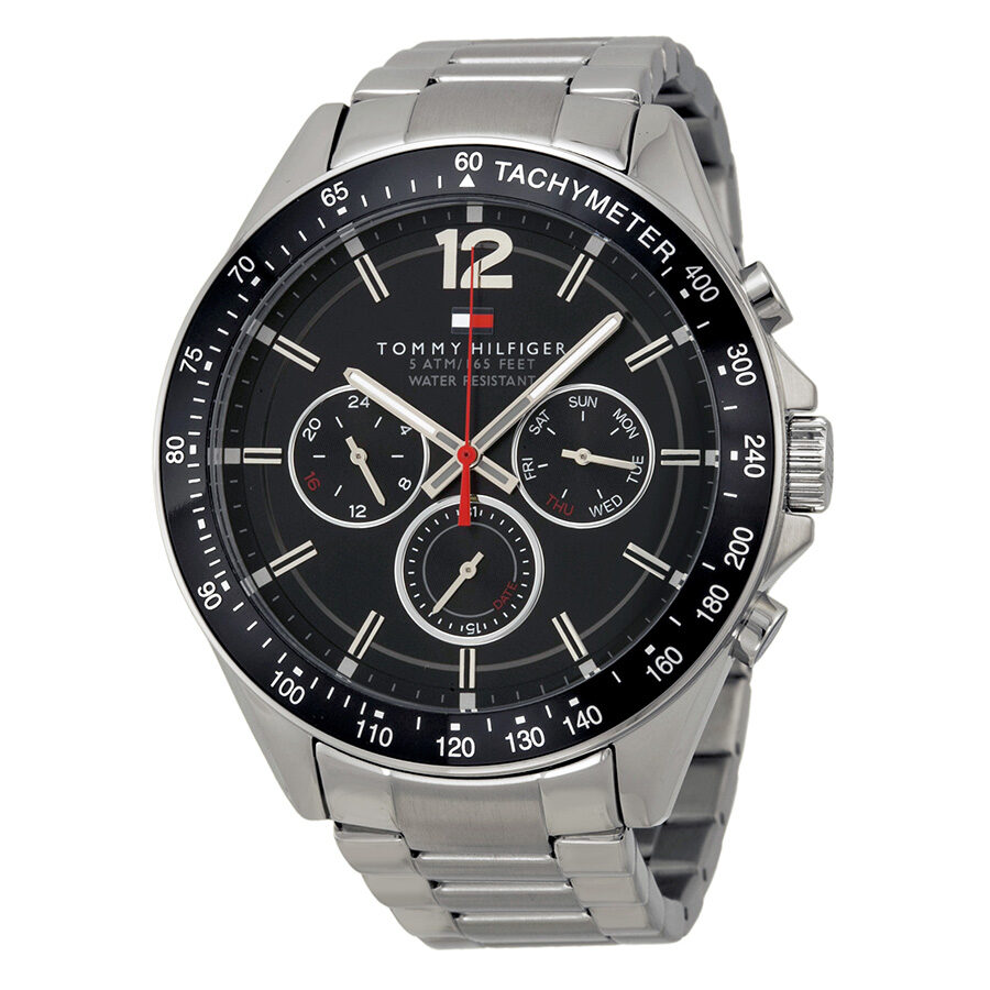 Tommy Hilfiger chronograph watch with black dial, three subdials, and stainless steel band
