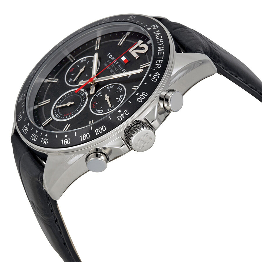 Tommy Hilfiger men's watch showing side angle with stainless steel case and black leather strap