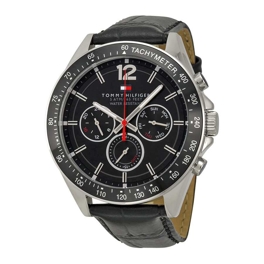 Tommy Hilfiger black dial chronograph watch with tachymeter bezel and three subdials