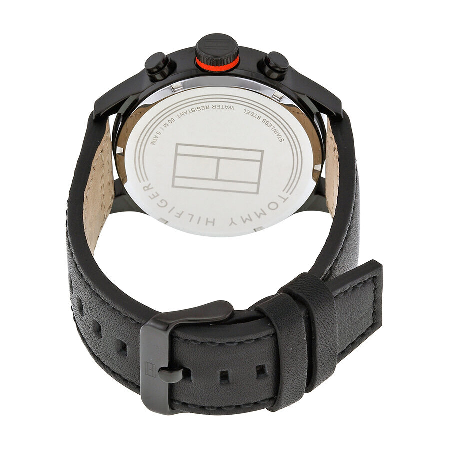 Tommy Hilfiger watch caseback with engraved branding and black leather strap with buckle