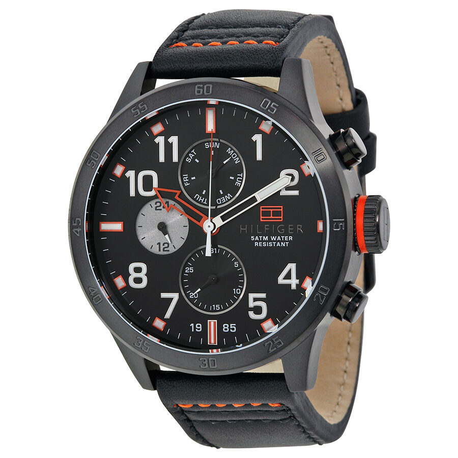 Tommy Hilfiger multi-function chronograph watch with black dial, orange accents, and black leather strap