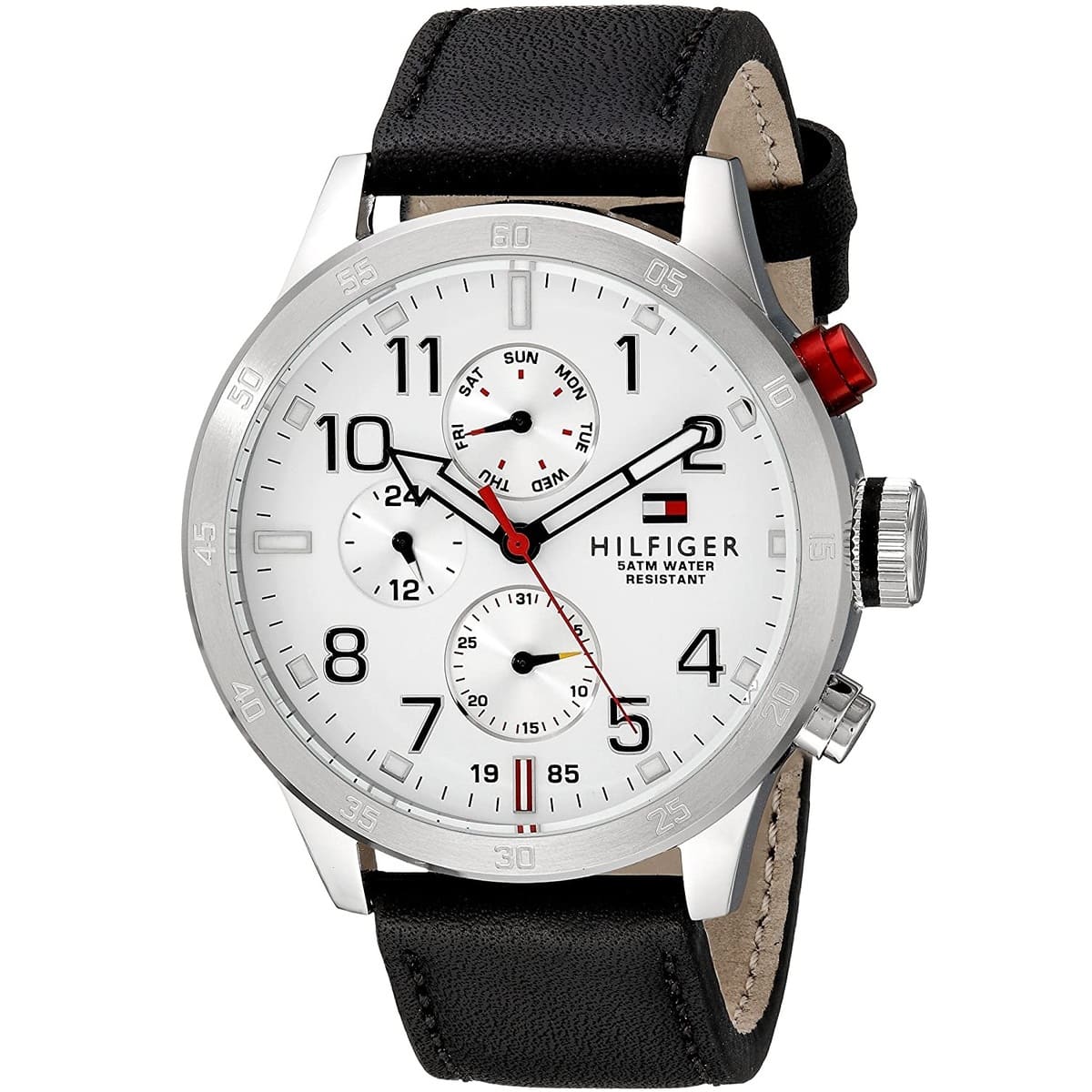 Tommy Hilfiger multi-function white dial men's chronograph watch with black leather strap and silver case