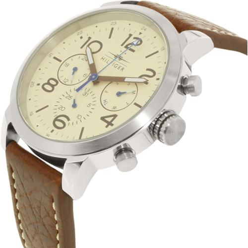 Tommy Hilfiger chronograph watch with beige dial and brown leather strap, angled view