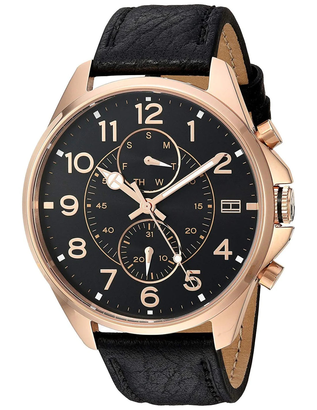 Tommy Hilfiger 1791273 chronograph watch at angle showing rose gold case and leather strap detail