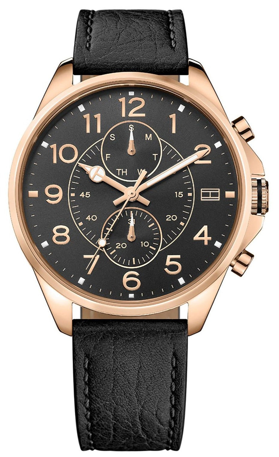 Tommy Hilfiger 1791273 rose gold chronograph watch with black dial and black leather strap