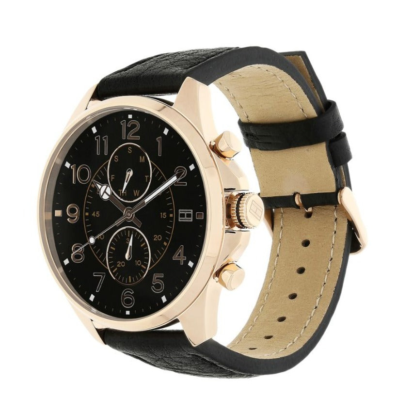 Tommy Hilfiger 1791273 watch from side showing rose gold case and black leather strap with tan inner lining