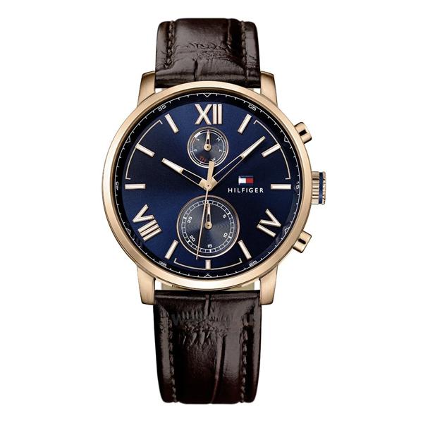 Tommy Hilfiger men's watch with blue dial, Roman numeral markers, dual sub-dials, rose-gold case and dark leather strap