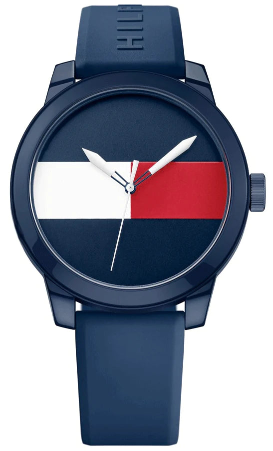 Tommy Hilfiger Flag Sport watch front view with navy blue case and blue silicone strap