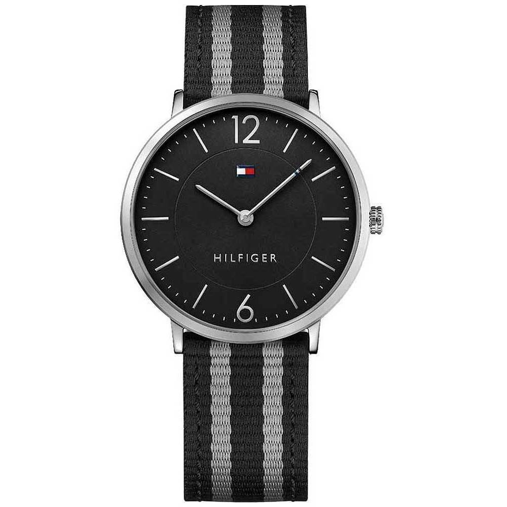 Tommy Hilfiger Black Ultra Slim men's watch with black dial and striped fabric strap
