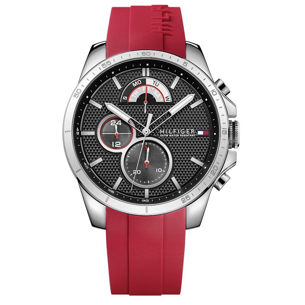 Tommy Hilfiger men's red silicone sports watch with chronograph dial and silver-tone case