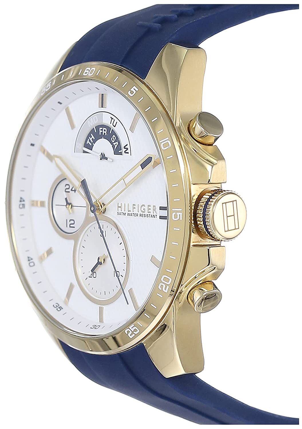 Side angle view of Tommy Hilfiger 48mm chronograph watch with gold case and navy rubber strap