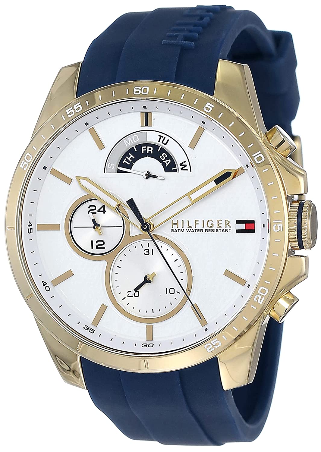 Tommy Hilfiger 48mm white dial quartz watch with gold-tone case, chronograph subdials, and navy strap