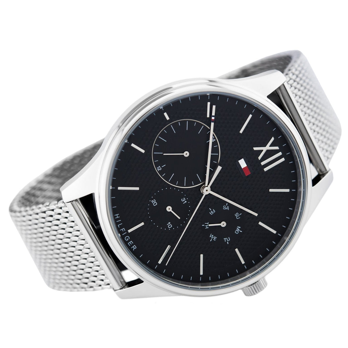 Angled side view of Tommy Hilfiger chronograph watch with mesh band and black dial