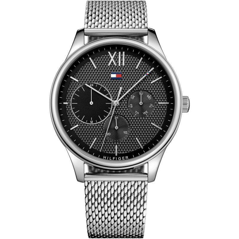 Tommy Hilfiger black dial chronograph watch with mesh band, Roman numeral markers and steel case
