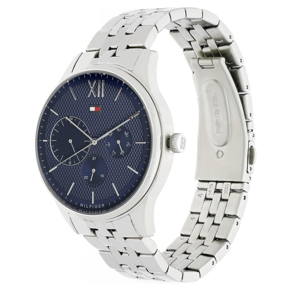 Side view of Tommy Hilfiger watch showing silver-tone stainless steel bracelet