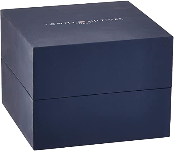 Tommy Hilfiger watch packaging in navy blue gift box with brand name