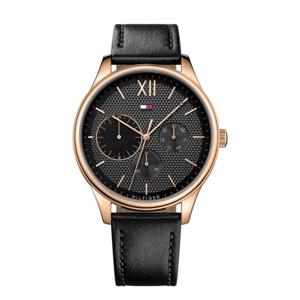 Tommy Hilfiger multi-dial chronograph watch with rose gold case, black dial, and black leather strap