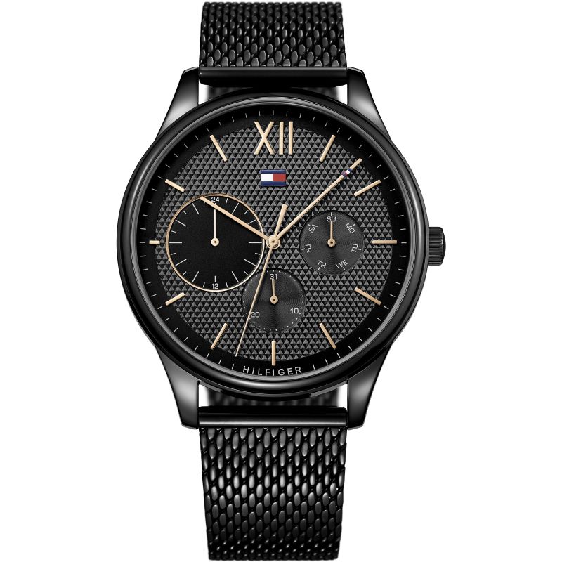 Tommy Hilfiger all-black men's chronograph watch with black mesh strap