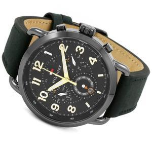 Tommy Hilfiger chronograph watch angled view showing black dial and tan leather strap detail