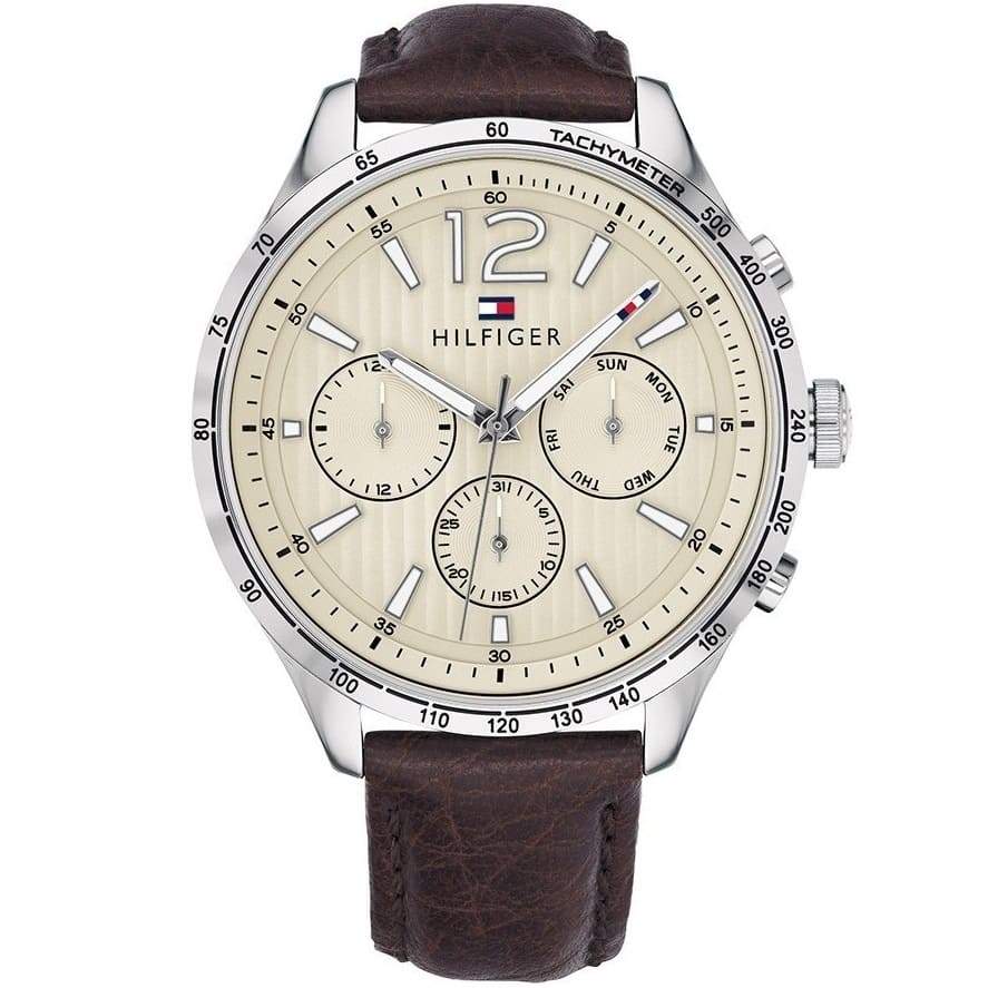 Tommy Hilfiger men's chronograph watch with cream dial and brown leather strap
