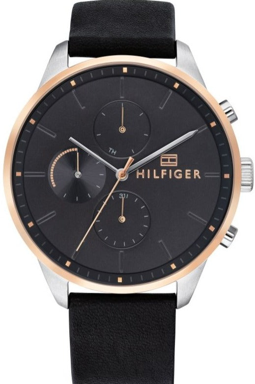 Tommy Hilfiger men's chronograph watch with black dial, rose gold bezel, and black silicone strap