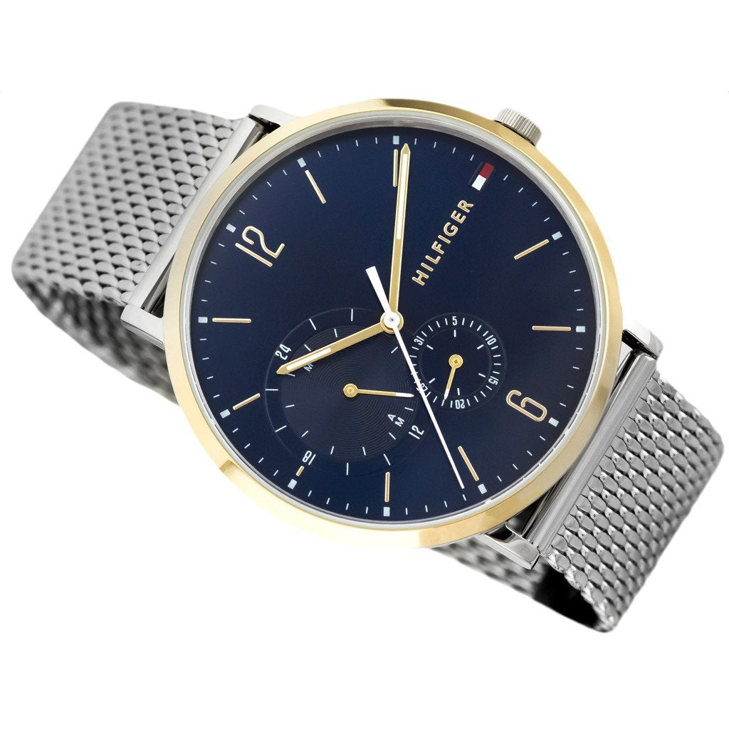 Tommy Hilfiger 1791505 watch angled view showing blue dial and metal mesh band