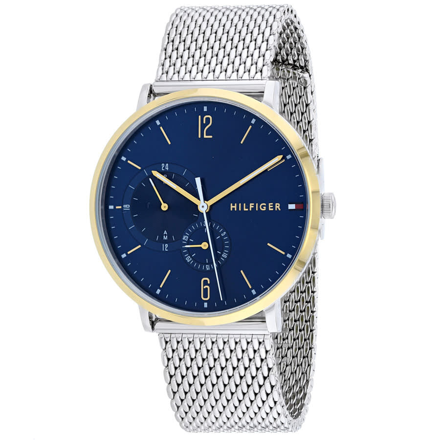 Tommy Hilfiger 1791505 men's watch with blue dial, gold bezel, and silver mesh strap