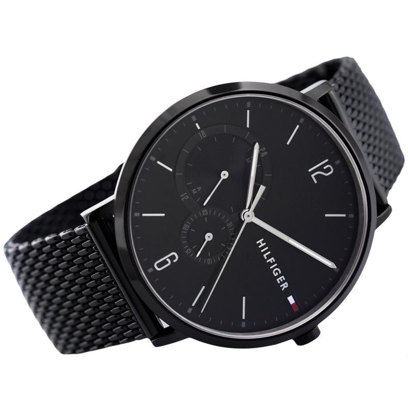 Tommy Hilfiger all-black mesh watch angled view showing dial and black mesh strap