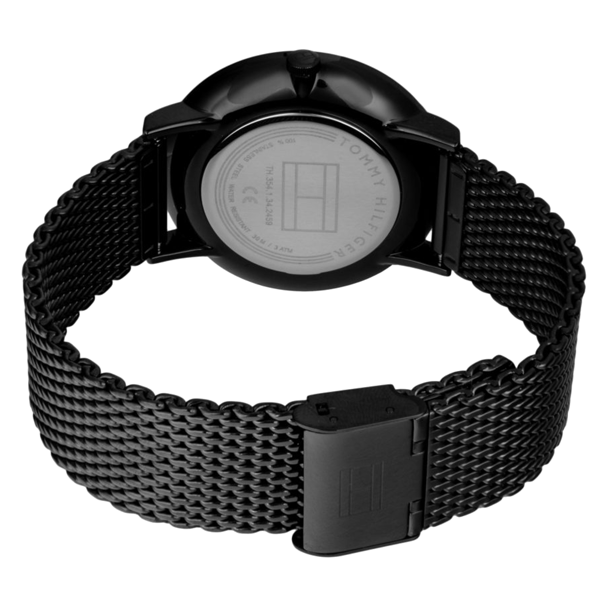 Tommy Hilfiger watch caseback showing metal mesh bracelet and clasp