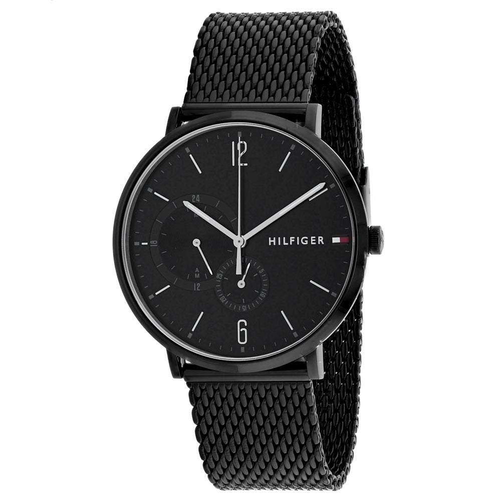 Tommy Hilfiger all-black mesh men's watch with black dial and metal mesh bracelet