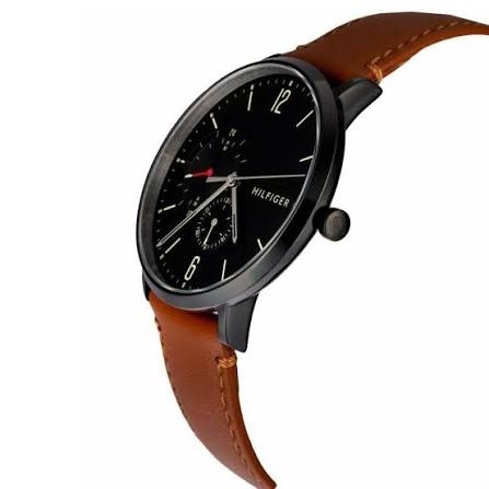 Tommy Hilfiger 1791510 watch angled view with black dial and brown leather strap