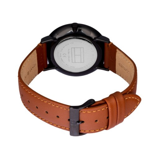 Tommy Hilfiger 1791510 watch caseback showing stainless steel back and brown leather strap