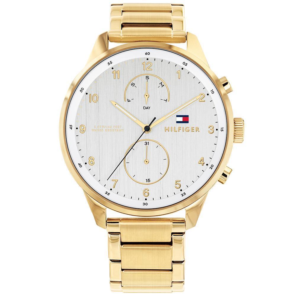Tommy Hilfiger golden stainless steel chronograph watch with white dial and golden bracelet