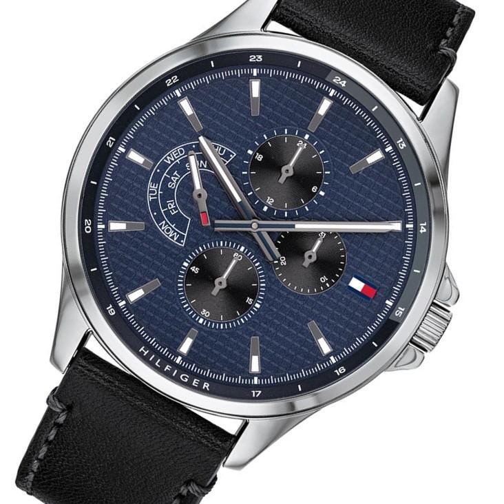 Tommy Hilfiger 1791616 angled view showing multi-function chronograph dial with black leather strap