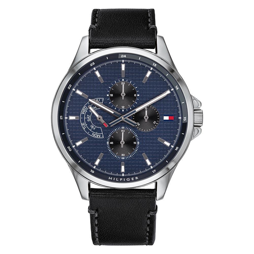 Tommy Hilfiger 1791616 men's watch with navy dial, chronograph subdials and black leather strap