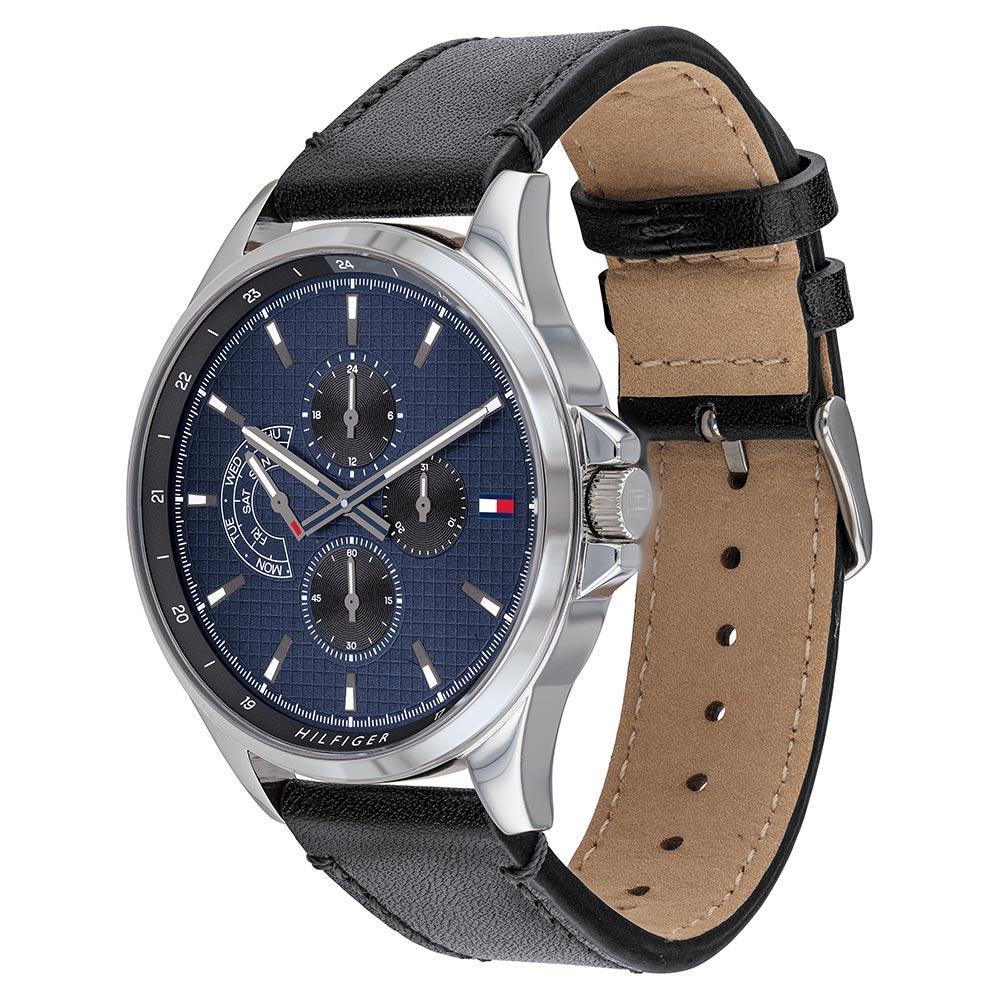 Side view of Tommy Hilfiger 1791616 watch displaying black leather strap with tan interior