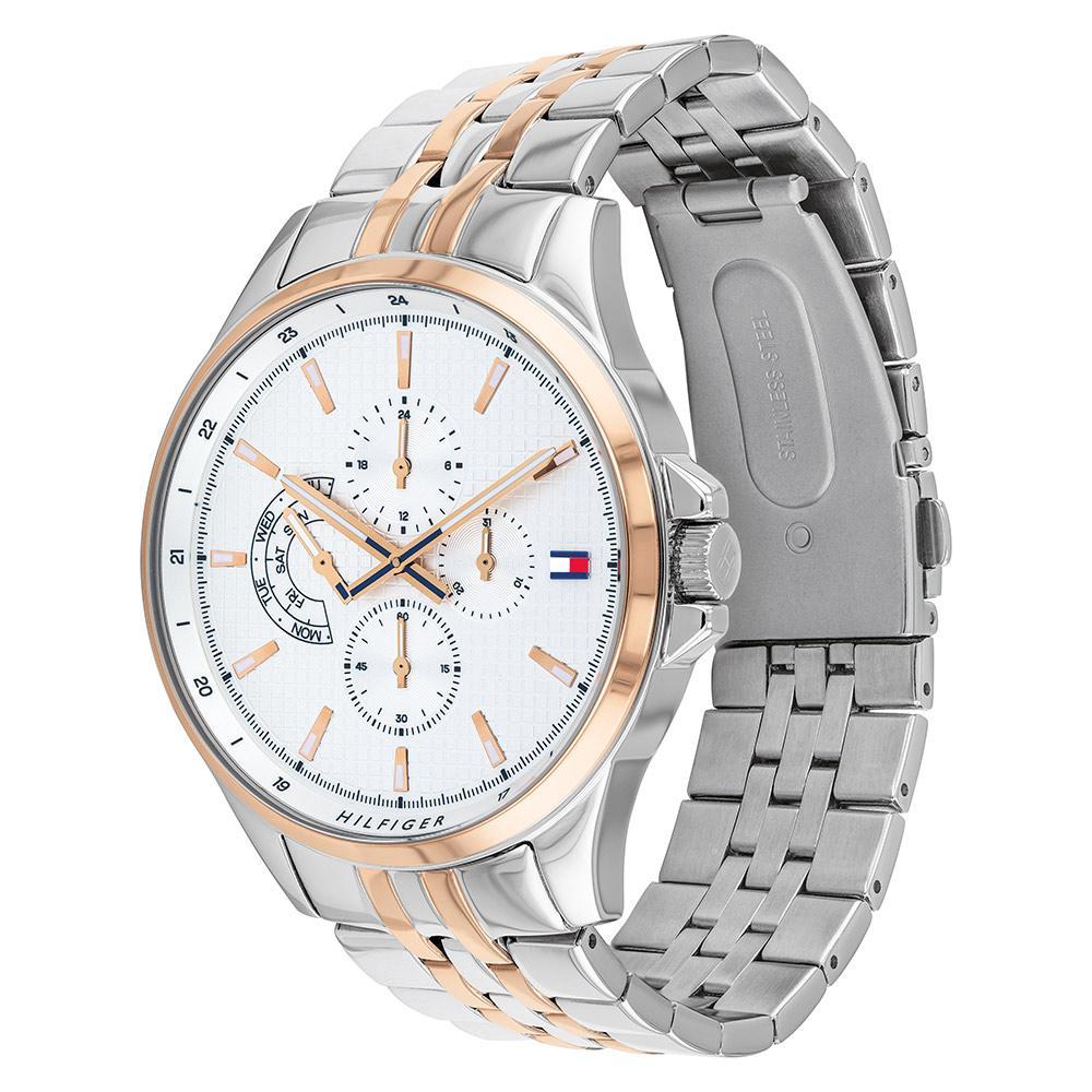 Tommy Hilfiger 1791617 watch side view showing two-tone steel bracelet and rose gold bezel
